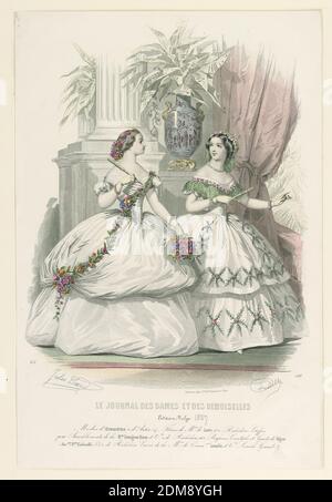 Assiette mode du Journal des dames et demoiselles, Jules David, français, 1808 - 1892, Lamoureux & J. de Beauvais, français, actif 19e c., Reville, français, actif 19e c., gravure en papier couleur main, assiette mode du Journal des dames et demoiselles., Paris, France, ca. 1857, Imprimer Banque D'Images