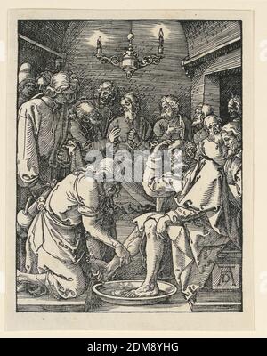 Christ Washing the feet, de la série Little passion, Albrecht Dürer, allemand, 1471–1528, coupe de bois sur papier, intérieur, vue aux chandelles. Christ, s'agenouillant à gauche au premier plan, lave les pieds d'un de ses disciples. D'autres disciples sont en arrière-plan. Monogramme de Dürer, en bas à droite., Allemagne, ca. 1509–1511, Imprimer Banque D'Images