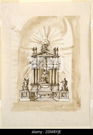 Design pour un autel principal, Giuseppe Barberi, italien, 1746–1809, stylo et encre brune, pinceau et lavage brun sur papier couché blanc cassé doublé, la mensa est au centre de la zone du cercle; à côté il y a deux panneaux avec des escutcheons. Tenez latéralement des socles rectangulaires, l'un d'eux avec un médaillon au-dessus des branches croisées à l'avant, et avec un groupe de figures debout entre deux anges assis. Dans la zone suivante se trouvent trois socles de projection. Les colonnes extérieures, avec une représentation sur leur front, supportent chacune deux colonnes; la colonne centrale, décorée d'un festoon, soutient un groupe Banque D'Images