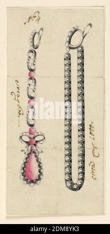 Motifs pour deux boucles d'oreilles, stylo et encre noire, pinceau et rouge, aquarelle grise sur papier, bijoux dessins pour deux boucles d'oreilles. À gauche : l'avant de l'anneau à la base de l'anneau est décoré d'une rangée de diamants. La chaîne se compose de trois rouleaux reliés par deux diamants rouges. Ci-dessous, relié par la même, un ruban noué avec un autre diamant rouge au centre; suspendu, une goutte, diamant rouge, dans un cadre de brillants. À droite : anneau similaire, soutenant les deux extrémités d'une chaîne d'une rangée étroite de diamants. Les deux anneaux ont deux pentes., probablement Naples, Italie du Sud, Italie, ca. 1800, bijoux, dessin Banque D'Images