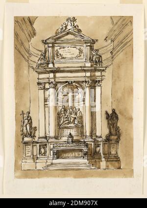 Design pour un autel principal, Giuseppe Barberi, italien, 1746–1809, stylo et encre brune, brosse et lavage brun sur papier blanc cassé doublé, au centre de la table est une niche avec un groupe de la déposition du Christ, encadré latéralement par une colonne en saillie et une bande avec deux panneaux et un pilaster à l'extérieur; ci-dessus est un fronton triangulaire soutenu par un piédestal avec une inscription dans une couronne à l'avant et deux anges assis latéralement sur sa base. Devant le solcle se trouve la mensa. Dans les panneaux sous les pilastres sont des panneaux avec des escutcheons de prelat. Le cercle est allongé Banque D'Images