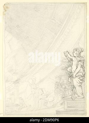 Procession de l'église, Fortunato Duranti, italien, 1787 - 1863, Graphite, stylo et encre sur papier, sur un piédestal, à droite, la figure pleine longueur de la Vierge, soutenant l'enfant sur sa main gauche, face à gauche dans le profil. Un cortège de figures, quelques-unes portant des halos, s'approchent de la gauche. Vue perspective de l'église et du dôme en arrière-plan., Rome, Italie, ca. 1820, dessin Banque D'Images