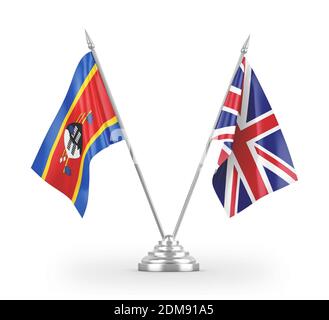 Drapeau de table du Royaume-Uni et de eSwatini Swaziland isolé sur blanc Rendu 3D Banque D'Images