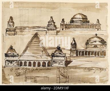 Dessins pour le mausolée, Giuseppe Barberi, italien, 1746–1809, stylo et encre brune, pinceau et lavage brun, graphite sur papier blanc cousu, Haut : illustré est une chapelle de design similaire à -1133, et le motif flanqué à gauche : deux tours de dessins alternatifs, reliés à un banc. Centre : la chapelle et le côté gauche de la colonnade se trouvent sur une plate-forme et se terminent par un clocher. Les marches qui y mènent sont flanquées de pyramides qui sont flanquées de deux sarcophages monumentaux, dont les tourteaux sont reliés à la colonnade. Le motif de gauche est illustré. Banque D'Images