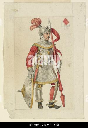 Design pour une carte à jouer : Valet (ou Jack) de pique, Graphite, pinceau et aquarelle sur papier, un chevalier blindé est montré debout. La main droite s'appuie sur la protection. Le casque a une crête de plumes., France, 1825–1850, carte à jouer, carte à jouer Banque D'Images