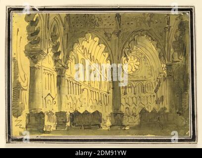 Stage Design, Church Interior, Pietro Narducci, italien, active 1809 - 1841, encre de plume et sépia, pinceau et lavage sur papier, rectangle horizontal. Intérieur de l'église gothique avec voûtes ogivales en premier plan, fenêtre rose en arrière-plan., Italie, début du XIXe siècle, théâtre, dessin Banque D'Images