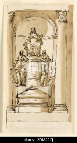 Design pour un monument Stuart, Giuseppe Barberi, italien, 1746–1809, encre stylo et marron, pinceau et lavage brun sur papier blanc cassé doublé, le cadre architectural est similaire à 1938-88-1296. Le sarcophage se trouve en dessous d'un piédestal sur lequel se trouvent deux femmes, soutenant les boucliers avec leurs mains extérieures, en s'inclinant avec leurs bras intérieurs sur un autre piédestal, dont le panneau avant est destiné à l'inscription. Au-dessus, il est assis sur un siège avec des chimearae de lion comme jambes le dirigeant, ayant la masse dans sa main gauche., Rome, Italie, ca. 1795, architecture, dessin Banque D'Images