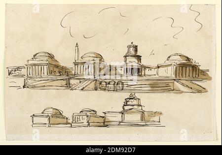 Deux élévations d'un palais, Giuseppe Barberi, italien, 1746–1809, stylo et encre brune, pinceau et lavage brun sur papier blanc cassé doublé, Haut : les escaliers mènent à une plate-forme ovoïde sur laquelle se dresse le palais. Une tour s'élève au-dessus d'un portique, qui est flanqué de deux ailes avec de petites fenêtres, dans la section centrale. Les ailes bombées projettent obliquement; deux sont suggérées de chaque côté. Les connexions entre les ailes sont des sections inférieures, au-dessus desquelles les obélisques doivent se lever. Bas: La section centrale et deux ailes à gauche, dans des proportions plus lourdes que ci-dessus., Rome, Italie, 1792-1795, conception graphique Banque D'Images