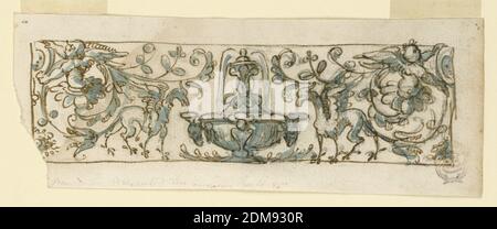 Design pour Frieze, Charcoal, stylo et encre, pinceau et aquarelle sur papier, Frise horizontale avec décoration grotesque symétrique. Au centre, une fontaine flanquée de griffins., Italie, 1600–1625, ornement, dessin Banque D'Images