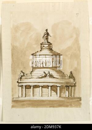 Design pour l'élévation d'un monument sépultral, Giuseppe Barberi, italien, 1746–1809, encre de plume et marron, pinceau et lavage brun sur papier blanc cassé doublé, en forme de tour circulaire, avec une figure sur le dessus. Vous trouverez ci-dessous une base de deux étapes. L'histoire du bas est une colonnade avec des colonnes doriques avant un mur arrière. Trois marches sont au-dessus de lui avec des femmes figures assis sur le premier. La deuxième histoire est comme un piédestal avec une bande de figures aroudn la partie centrale de la frise. Au-dessus, il y a encore trois étapes menant à un autre piédestal avec des festons dans la frise. Fond coloré., Rome Banque D'Images