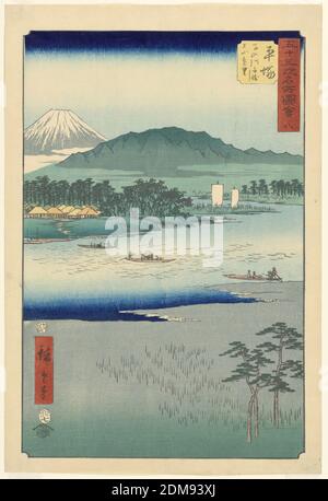 River Highway, Ando Hiroshige, japonais, 1797–1858, impression de blocs de bois à l'encre de couleur sur papier, l'eau a été la principale route de transport pendant cette période. Trois bateaux remplis de personnes voyagent de terre en terre. Deux navires plus grands sont montrés en arrière-plan naviguant en aval. Un village est niché au bord d'une forêt avec Mt. Fuji au loin. Le premier plan est neutre, avec des lignes abstraites suggérant un marais avec de grandes herbes., Japon, 1797-1858, paysages, Imprimer Banque D'Images