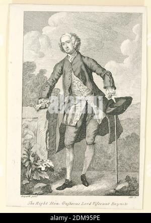 Le très honorable Gustavus Lord Viscount Boyne & C, A.M. Ireland, William Hogarth, anglais, 1697 - 1764, Etching sur papier, PORTRAIT en longueur d'un jeune homme en paysage. Il est debout au premier plan légèrement tourné vers la gauche. Il repose sa main droite sur une pierre sculptée. Dans sa gauche il tient son chapeau et sa canne. Dans d'autres collines et arbres de fond., Angleterre, 1794, Imprimer Banque D'Images