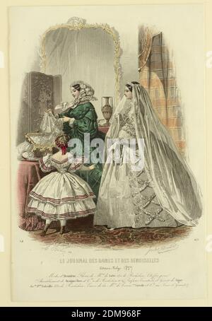 Assiette mode du Journal des dames et demoiselles, Jules David, français, 1808 - 1892, Lamoureux & J. de Beauvais, français, actif 19e c., A. Bodin, français, actif 19e c., gravure en couleur main sur papier, assiette mode du Journal des dames et demoiselles., Paris, France, ca. 1857, Imprimer Banque D'Images