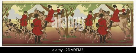 Frieze, Carey Bros. W.P. Mfg Co., Philadelphie, Pennsylvanie, fondée en 1882, imprimée à la machine sur papier, Frieze présente des chasseurs montés en manteaux rouges, avec des chiens de chien, sur fond de paysage, avec un premier plan rouge profond. Imprimé dans la marge supérieure : Carey Bros. W.P. Fabric. » Destiné à être utilisé en alternance avec 1938-50-18., Philadelphie, Pennsylvanie, États-Unis, 1900–05, Wallcoverings, Frieze Banque D'Images