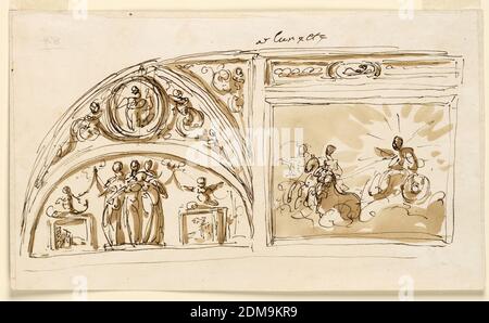 Design pour la décoration de plafond, Giuseppe Barberi, italien, 1746–1809, stylo et encre brune, pinceau et lavage brun sur papier blanc cassé doublé, Rome, Italie, 1746-1809, intérieurs, dessin Banque D'Images