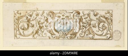 Design pour Frieze, Charcoal, stylo et encre, pinceau et aquarelle sur papier, Frise horizontale avec décoration grotesque symétrique. Au centre, des charlades avec des lions et des caryatides flanquées de reneaux à défilement avec des fleurs en cloche., Italie, 1600–1625, ornement, dessin Banque D'Images