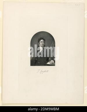 Portrait de Thomas Campbell, Oliver Pelton, 1799 - 1882, gravure sur papier, à l'intérieur d'un cadre supérieur voûté, se trouve le portrait en demi-longueur du poète écossais Thomas Campbell (1777-1844), assis à son bureau. Sa main gauche repose sur une pile de papiers., Angleterre, ca. 1830-1840, Imprimer Banque D'Images