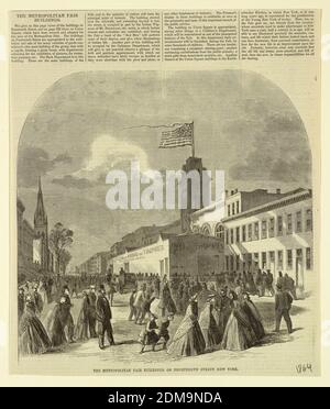 Metropolitan Fair Building, New York, gravure en bois sur papier, le Metropolitan Fair Building sur la 14e rue à droite. Il est pourvu de signes: 'Arms and Trophies,' etc à gauche de la 14ème rue, maisons et une église. Figures en premier plan et en arrière-plan., USA, 1864, Imprimer Banque D'Images