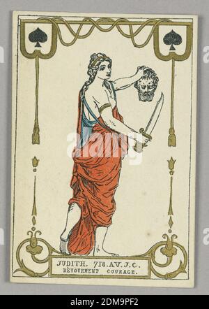 Judith (dévotion, courage), jouant la carte de 'cartes héroïques' ou 'des grands hommes', Marcel G. Dèschampes, français, actif 19e c., Alphonse-Joseph-Ferdinand Minne, belge, actif 19e c., pochoir sur papier, jouant la carte d'un ensemble de 'cartes héroïques, France, 1871 ou de 'cartes, lithotiques, Paris Banque D'Images