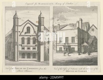 Les deux chambres du Parlement, de Harrison's History of London, John Cooke, anglais, acitve 18e c., gravure sur papier, vue de la Chambre des Lords de droite, et de l'ancienne Chambre des communes (à gauche). Inscrit ci-dessous, en bas à droite: 'Vue de l'Office de l'Ordnance avec l'entrée de LA MAISON DES LORDS'; en bas à gauche: 'Vue de LA MAISON DES COMMUNES depuis la Tamise'; ci-dessus: 'Gravé pour l'histoire de HARRISONS de Londres'., Londres, Angleterre, ca. 1750, Imprimer Banque D'Images