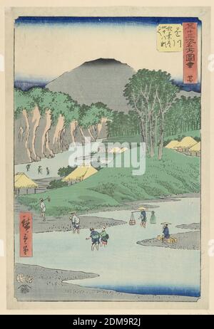 Kakegawa : Foring des quarante-huit rapides sur la route Akiba (Kanagawa, Akiba michi shijuhachi segoe), Ando Hiroshige, japonais, 1797–1858, impression Woodblock en encre colorée sur papier, la scène représente les voyageurs traversant la rivière. Il y avait des frais fixes à payer sur le dos du porteur, mais il n’était pas rare que le porteur s’arrête au milieu du fleuve et demande plus d’argent., Japon, 1797-1858, paysages, Imprimer Banque D'Images