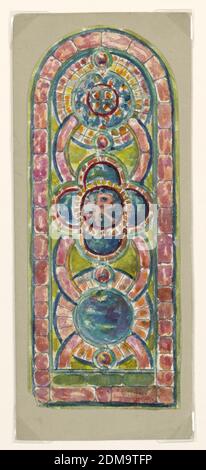 Design pour Memorial Window, Beecher Memorial Church, Brooklyn, NY, Alice Cordelia Morse, américaine, 1863–1961, pinceau et aquarelle, graphite sur papier vélin blanc cassé, monté sur carton, décoration de style vitrail avec lobes en bleu, symbole Chi-Rho, arcs et cercles de couleur saumon dans un motif vertical; Dessus arrondi avec cercles concentriques et bordure., 1889–90, architecture, intérieurs, dessin Banque D'Images