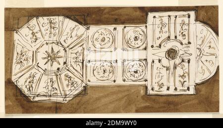 Design pour décoration de plafond, Giuseppe Barberi, italien, 1746–1809, stylo et encre brune, pinceau et savon brun sur papier blanc cassé doublé, Rome, Italie, 1746-1809, intérieurs, dessin Banque D'Images