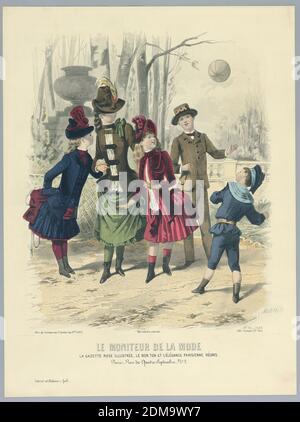 Fashion plate, J. Bonnard, français, actif 19e c., Jules David, français, 1808 - 1892, Abel Goubaud et fils, français, actif 19e c., gravure, pinceau et aquarelle sur papier, cinq enfants dans un jardin jouant au ballon. Nom et date des artistes et de l'éditeur ci-dessous. Description sur verso., Angleterre, 1886, Imprimer Banque D'Images