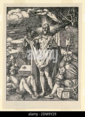 La Résurrection, de la série de la petite passion, Albrecht Dürer, allemand, 1471–1528, Albrecht Dürer, allemand, 1471–1528, Woodcut sur papier blanc cassé, Christ se tient au centre de la composition, sa main gauche tenant sa bannière, sa main droite relevée. Les soldats dorment sur le sol à gauche et à droite. Monogramme de Dürer, en bas à droite, Allemagne, 1509–1511, figures, imprimé Banque D'Images