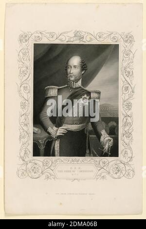 Portrait de Frederick Adolphus, duc de Cambridge, D. J. Pound, britannique, actif ca. 1860, gravure sur papier, portrait de trois quarts de longueur de Frederick Adolphus, duc de Cambridge (1774-1850), montre frontally en uniforme militaire, sa main gauche reposant sur la hilte de son épée, et sa droite sur sa hanche. Au-delà d'une balustrade derrière lui peut être vu un campement d'armée., Angleterre, ca. 1860, Imprimer Banque D'Images