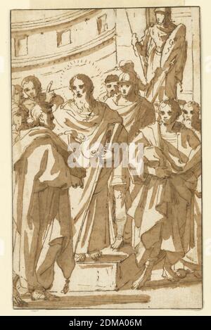 Saint Paul prêchant sur l'Areopagus à Athènes, stylo et encre brune, brosse et lavage brun, Saint Paul se tient sur une plate-forme à l'écoute des hommes rodés environnants. Un soldat se tient derrière lui. Une partie d'une structure architecturale sculptée et la statue d'Athéna sont en arrière-plan., Italie, Italie, début du XVIIe siècle, dessin Banque D'Images
