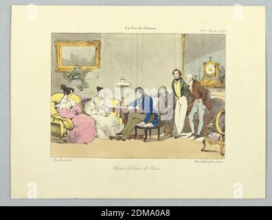 Nôtre Dame de Paris, de la vie de château, Gihaut Frères, français, 1815 - 1871, Eugène Louis Lami, français, 1800 - 1890, Lami-Denozan, français, actif 19e c., lithographie, pinceau et aquarelle sur papier, deux femmes sur un canapé jaune, à gauche, et trois hommes, à droite, écoutent un jeune homme qui lit à une table, au centre. Titre, nom des artistes et date ci-dessous., Paris, France, env. 1830, Imprimer Banque D'Images