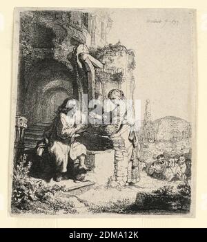 Christ et la femme de Samarie parmi les ruines, Rembrandt Harmensz van Rijn, néerlandais, 1606–1669, Etching sur papier couché, Christ, assis à gauche, dans un puits parmi les ruines. Femme se tient, tenant la corde de puits dans sa main droite. Un groupe d'hommes monte la colline à droite., pays-Bas, 1634, figures, Imprimer Banque D'Images