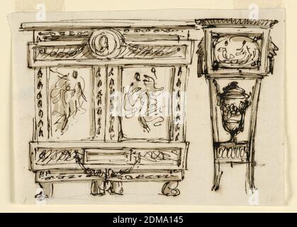 Armoire et socle, Giuseppe Barberi, italien, 1746–1809, stylo et encre brune, graphite sur papier blanc cassé, doublé, à gauche, l'armoire soutenue par quatre pieds à griffe. Un danseur semble se trouver dans la partie inférieure. Portes pliantes, chaque aile montrant une femme volante. Un autre danseur dans la section supérieure. A droite: Un stand avec une urne entre les jambes et ce qui peut être un réceptacle font l'entablature., Rome, Italie, 1780–1790, meubles, dessin Banque D'Images