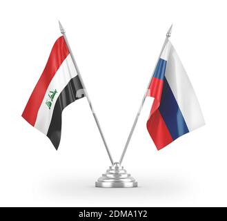 Russie et Irak deux drapeaux de table isolés en 3D blanche rendu Banque D'Images