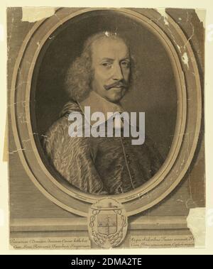 Portrait du cardinal Mazarin, Robert Nanteuil, français, 1623 – 1678, gravure sur papier, dans un cadre ovale, est un portrait en buste du cardinal Mazarin (1602-1661). Il est montré à moitié à droite; il porte une pampille sous son col, et un cape en satin., France, Paris, France, 1655, Imprimer Banque D'Images