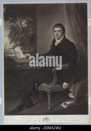 Francis, duc de Bedford, Samuel William Reynolds, britannique, 1773–1835, John Rubens Smith, britannique, active USA, 1775–1849, Mezzotint sur papier couché, assis face à la gauche, sa main tenant un livret sur une table, un portefeuille sur le plancher inférieur droit., 1802, Imprimer Banque D'Images