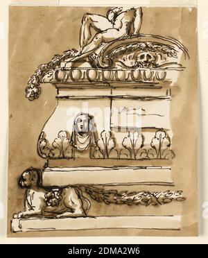 Design pour un sarcophage, Giuseppe Barberi, italien, 1746–1809, stylo et encre brune, brosse et lavage brun sur papier coupi blanc cassé doublé, quelque chose de plus que la moitié gauche est montrée. Ci-dessous se trouve une base avec un lion accroupi et une moulure avec une festion devant, servant de supports. Le sarcophage a la forme générale d'une entablature. La partie inférieure du corps est décorée d'une rangée de feuilles et d'un masque féminin. Une tablette est au milieu. Au milieu du coin se trouve un fronton en coliute avec un masque à l'intérieur. Une figure est assise latéralement sur elle, dont la tête n'est pas illustrée. Arrière-plan coloré Banque D'Images