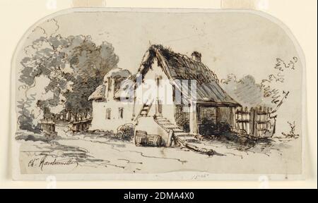 Une maison de campagne, Charles Nicolas Ransonnette, français, 1793 - 1877, stylo et encre, pinceau et savon gris et brun sur papier de soie, situé près d'une route, composé de deux parties dans le schéma d'un angle droit. Une rampe mène à la porte à l'avant; des objets sont stockés sur son porche. Les arbres sont en arrière-plan., France, 1825–1840, dessin Banque D'Images