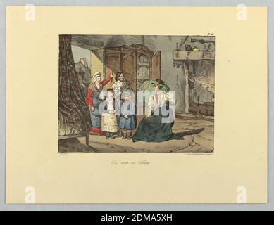 Une visite au Village, Gihaut Frères, Français, 1815 - 1871, Eugène Louis Lami, Français, 1800 - 1890, Lami-Denozan, Français, actif 19e c., Lithographie, pinceau et aquarelle sur papier, famille paysanne à la porte, à gauche, d'un chalet. Gentlewoman assis, face à eux, au centre. Titre, noms des artistes ci-dessous., Paris, France, ca. 1830, Imprimer Banque D'Images