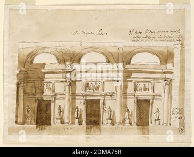 Design pour salon Entrance Wall, Giuseppe Barberi, italien, 1746–1809, stylo et encre brune, pinceau et lavage brun sur papier blanc cassé, doublé, le hall a une voûte en fût, trois compartiments. Une fenêtre demi-circulaire est dans chacun d'eux, au-dessus de l'entablature. Quatre colonnes Corinthiennes sont les supports. Dans l'intercolumniation sont des portes. Les entablatures de leurs cadres sont reliées par des entablatures. Les portes-fenêtres ont la forme d'oblongs. Le remplit l'espace entre la partie inférieure et la partie supérieure de l'entablature. Les statues des portes gauche et droite se trouvent sur les socles. Les mesures sont inscrites., Rome Banque D'Images