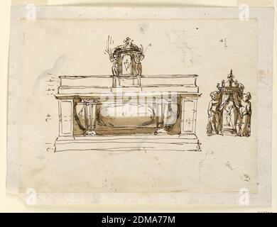 Design pour autel, Giuseppe Barberi, italien, 1746–1809, stylo et encre brune, pinceau et lavage brun, graphite sur papier blanc cassé doublé, le sepulchrum est un sarcophage dans le creux de la mensa, encadré latéralement par des panneaux. Au centre du mobilier se dresse le tabernacle, ayant latéralement deux anges avec des supports de bougie. À droite, à côté de la mensa, se trouve un autre projet pour le tabernacle. Il a la forme d'une marquise suspendue d'une couronne qui est soutenue par les bras de deux anges debout qui ouvrent le rideau avec leurs mains. Un calice semble être représenté sur la porte. Banque D'Images