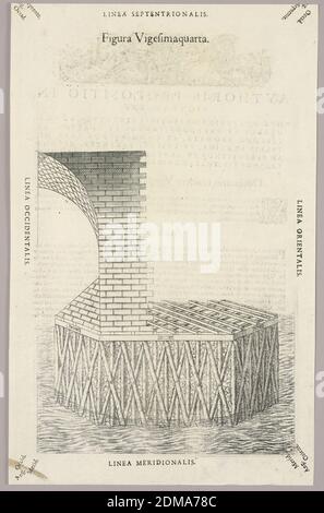 Plaque XXIV de Theatrum instrumentorum et machinarum, Julio Paschale, Woodcut sur papier, montrant un quai séparé comme base pour un arc de brique, à gauche, au-dessus de l'eau. Description en latin sur verso du 1949-152-221., Europe, 1582, Imprimer Banque D'Images