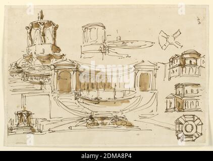 Fontaines et cafés, Giuseppe Barberi, italien, 1746–1809, stylo et encre brune, pinceau et savon brun sur papier blanc cassé, ligne gauche: Deux fontaines, dont les bassins supérieurs sont soutenus par des figures debout. Ligne centrale : une partie très esquissée du coin supérieur de l'arrière-plan pour une fontaine. Une fontaine, avec un bassin colossal avant une colonnade semi-circulaire sur une forte dado. Des escaliers mènent à la colonnade. Droite : plan et élévation d'un plan en forme de roue. Partie d'une élévation et plan d'un café avec plan octogonal., Rome, Italie, 1788–1789, architecture, dessin Banque D'Images