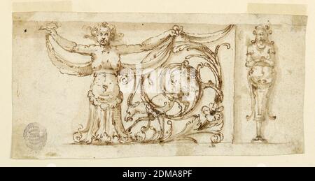 Projet pour un Frieze, craie noire, stylo et encre sur papier, caryatide tenant des festons drapery avec feuilles d'acanthus défilant autour d'une chèvre, à droite., Italie, 1550–1600, ornement, dessin Banque D'Images