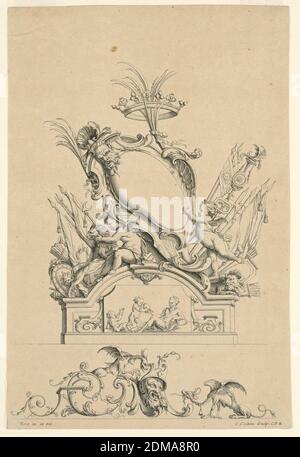 Design pour Cartouche avec couronne, deux Putti servant Bacchus, et deux Lions de 'cartouts Nouvellement Inventez', Charles-Nicolas Cochin le plus jeune, 1715 - 1790, Jean Bernard Honoré Toro, français, 1661 - 1731, Etching sur papier ponté Havane, Cartouche sur socle, soutenu par le putti avec tête de satyr. Armes/bannières avec lions. Section inférieure - tête d'un homme flanqué de deux griffins., XVIIIe siècle, ornement, Imprimer Banque D'Images