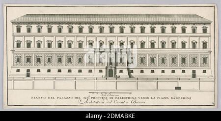 Palais du Prince de Palestrina, élévation latérale vers la Piazza Bernini, Rome, Giovanni Battista Falda, Italien, 1643 - 1678, Giovanni Lorenzo Bernini, 1598 - 1680, gravure sur papier, Rome, Italie, Europe, 17ème siècle, imprimé Banque D'Images