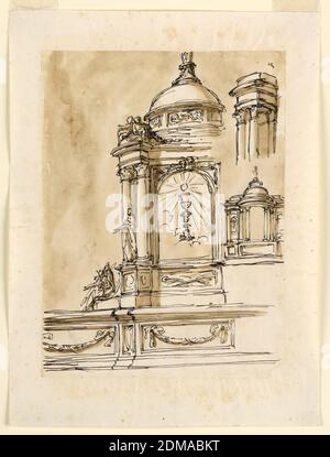 Motifs pour un tabernacle, Giuseppe Barberi, italien, 1746–1809, stylo et encre brune, pinceau et lavage brun sur papier blanc cassé doublé, le côté gauche est illustré dans le dessin principal. Une partie de la corniche est illustrée ci-dessous. Le tabernacle a la forme de la façade d'un pavillon, avec des paires de colonnes disposées de façon oblique, avec des statues dans l'intercolonnation. Les enfants s'assoient au-dessus de l'entablature. Le calice et l'hôte dans une gloire sont à la porte. Un ange est assis à côté de la dado. Au-dessus, à droite, se trouvent les parties supérieures des colonnes, et l'entablature détaillée. Banque D'Images