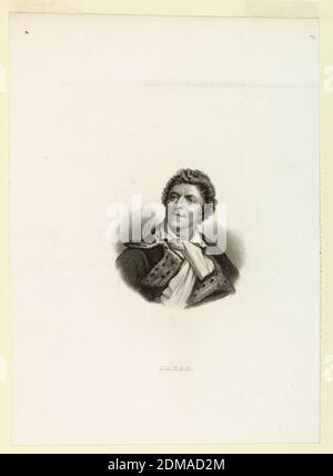 Portrait de Jean Paul Marat, gravure sur papier, portrait en buste du chef révolutionnaire français Jean Paul Marat (1743-1793), exposé légèrement à droite, son regard dirigé sur son épaule droite. Il porte un manteau fluide et en fourrure., France, ca. 1800, Imprimer Banque D'Images