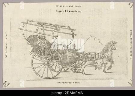 Plaque XVI de Theatrum instrumentorum et machinarum, Julio Paschale, coupe de bois sur papier, montrant un chariot avec les roues tirées par un cheval, un petit centre de roue, devant; le conducteur et d'autres derrière lui dans un corps tissé de panier, avec des lamelles à travers le haut sur les cerceaux. Description en latin sur verso du 1949-152-213., Europe, 1582, Imprimer Banque D'Images